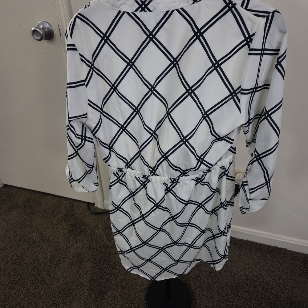 Almost Famous White Blouse with Navy Grid Stripes
